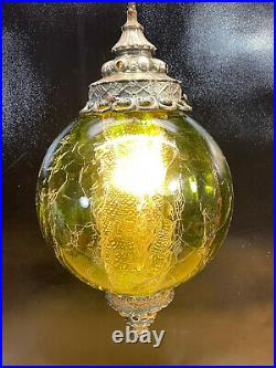Vtg CEILING LIGHT Hanging Green Glass Swag pendant lamp 60s Decor