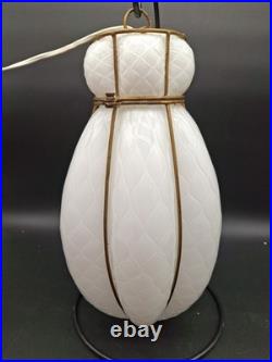 Vtg Caged Venetian Glass Hanging Lamp White Brass Plate Cage Diamond Marbro