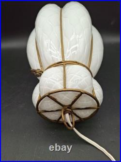 Vtg Caged Venetian Glass Hanging Lamp White Brass Plate Cage Diamond Marbro