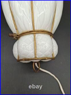 Vtg Caged Venetian Glass Hanging Lamp White Brass Plate Cage Diamond Marbro