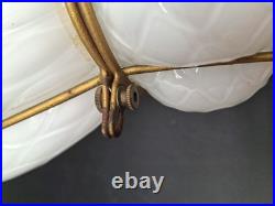 Vtg Caged Venetian Glass Hanging Lamp White Brass Plate Cage Diamond Marbro