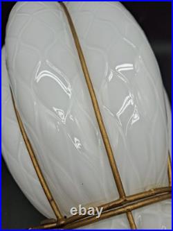 Vtg Caged Venetian Glass Hanging Lamp White Brass Plate Cage Diamond Marbro