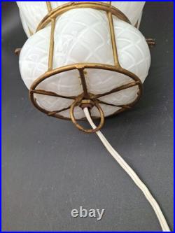 Vtg Caged Venetian Glass Hanging Lamp White Brass Plate Cage Diamond Marbro