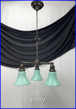 Vtg Chandelier Arts Crafts Deco Style Victorian Seafoam Green Glass Shades 3 Arm