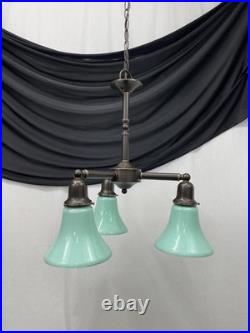 Vtg Chandelier Arts Crafts Deco Style Victorian Seafoam Green Glass Shades 3 Arm