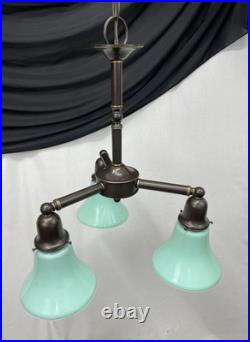 Vtg Chandelier Arts Crafts Deco Style Victorian Seafoam Green Glass Shades 3 Arm Vtg Chandelier Arts Crafts Deco Style Victorian Seafoam Green Glass Shades 3 Arm