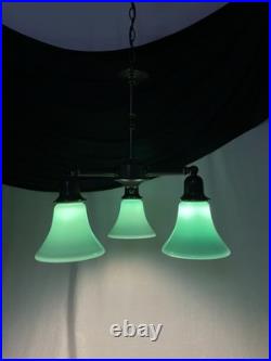Vtg Chandelier Arts Crafts Deco Style Victorian Seafoam Green Glass Shades 3 Arm Vtg Chandelier Arts Crafts Deco Style Victorian Seafoam Green Glass Shades 3 Arm