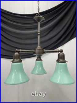Vtg Chandelier Arts Crafts Deco Style Victorian Seafoam Green Glass Shades 3 Arm