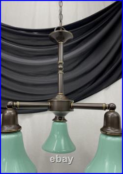 Vtg Chandelier Arts Crafts Deco Style Victorian Seafoam Green Glass Shades 3 Arm