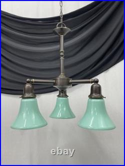 Vtg Chandelier Arts Crafts Deco Style Victorian Seafoam Green Glass Shades 3 Arm