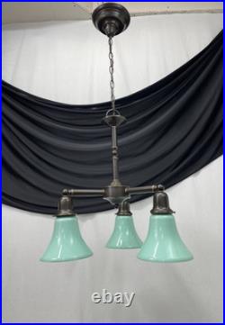Vtg Chandelier Arts Crafts Deco Style Victorian Seafoam Green Glass Shades 3 Arm
