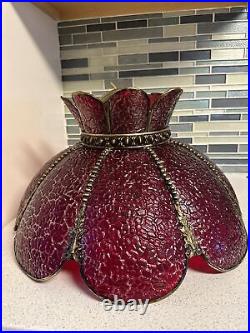 Vtg Curved Panel Stained Glass Light Fixture Red Swag Lamp Ceiling Mount