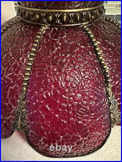 Vtg Curved Panel Stained Glass Light Fixture Red Swag Lamp Ceiling Mount