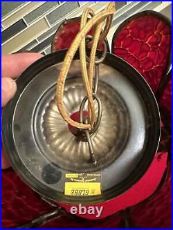 Vtg Curved Panel Stained Glass Light Fixture Red Swag Lamp Ceiling Mount