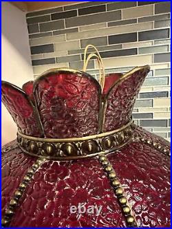 Vtg Curved Panel Stained Glass Light Fixture Red Swag Lamp Ceiling Mount