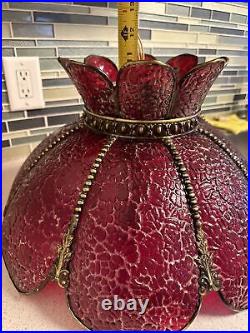 Vtg Curved Panel Stained Glass Light Fixture Red Swag Lamp Ceiling Mount