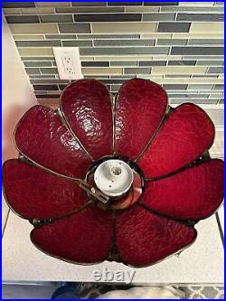 Vtg Curved Panel Stained Glass Light Fixture Red Swag Lamp Ceiling Mount