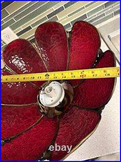 Vtg Curved Panel Stained Glass Light Fixture Red Swag Lamp Ceiling Mount