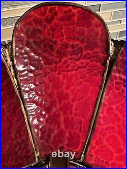 Vtg Curved Panel Stained Glass Light Fixture Red Swag Lamp Ceiling Mount
