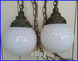 Vtg Double White Globe Hobnail Milk Glass Hanging Swag Lamp Light Mid Century
