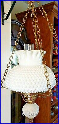 Vtg Fenton White Hobnail Milk Glass Hurricane Globe Hanging Lamp Electric 1950s