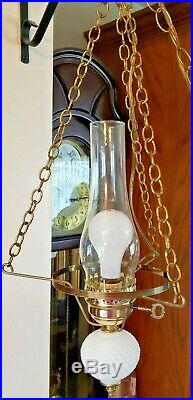Vtg Fenton White Hobnail Milk Glass Hurricane Globe Hanging Lamp Electric 1950s