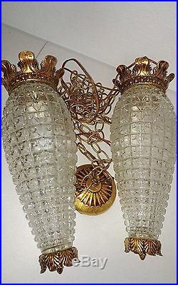 Vtg Fredrick Ramond Hanging Swag Glass Lamps Chandeliers Double Pineapple