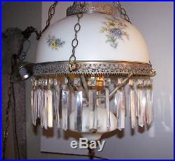 Vtg Hand painted Flowers Glass Swag Parlor Lamp Chandelier Hanging Crystal Light