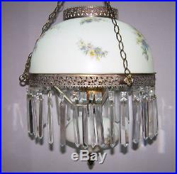 Vtg Hand painted Flowers Glass Swag Parlor Lamp Chandelier Hanging Crystal Light