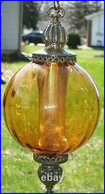 Vtg Hanging Ball Lamp Mid Century Modern Amber Glass 19 Tall