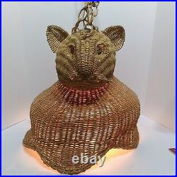 Vtg Hanging Glass MCM Globe Swag Light Lamp Pendant Wicker CAT Shade 16.5 Wide