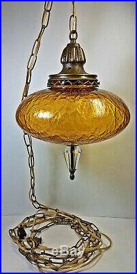 Vtg Hanging Lamp Amber Orange Crackle Glass Globe Swag Light MCM Rewired