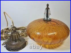 Vtg Hanging Lamp Amber Orange Crackle Glass Globe Swag Light MCM Rewired