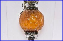 Vtg Hanging Lamp Amber ROUND Globe Swag Light Glass Mid Century Modern ceiling
