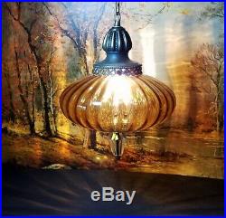 Vtg Hanging Lamp Swag Light Amber Glass UFO Globe Hollywood Regency Rewired