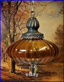 Vtg Hanging Lamp Swag Light Amber Glass UFO Globe Hollywood Regency Rewired
