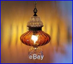 Vtg Hanging Lamp Swag Light Amber Globe Glass Prisms Hollywood Regency Rewired