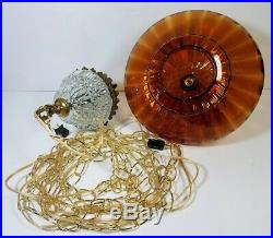 Vtg Hanging Lamp Swag Light Amber Globe Glass Prisms Hollywood Regency Rewired