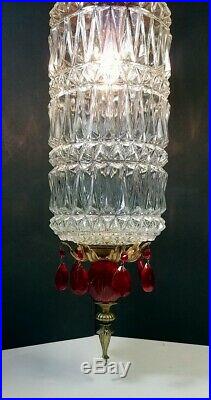 Vtg Hanging Lamp Swag Light Globe Red Glass Prisms Rewired Hollywood Regency