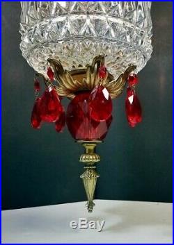 Vtg Hanging Lamp Swag Light Globe Red Glass Prisms Rewired Hollywood Regency