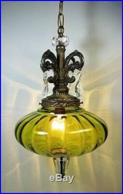 Vtg Hanging Lamp Swag Light Green Globe Glass Prisms Hollywood Regency Rewired