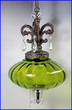Vtg Hanging Lamp Swag Light Green Globe Glass Prisms Hollywood Regency Rewired