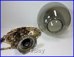 Vtg Hanging Lamp Swag Light Smoke Globe Glass Prisms Hollywood Regency Rewired
