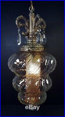 Vtg Hanging Lamp Swag Light Swirl Globe Glass Prisms Hollywood Regency Rewired