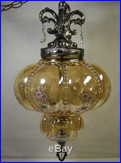 Vtg Hanging Light Swag Lamp Fenton Beaded Melon Globe with Flowers Glass Prisms