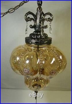 Vtg Hanging Light Swag Lamp Fenton Beaded Melon Globe with Flowers Glass Prisms
