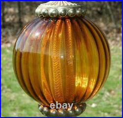 Vtg Hanging Ribbed Ball Lamp Mid Century Modern Amber Glass 19 Tall
