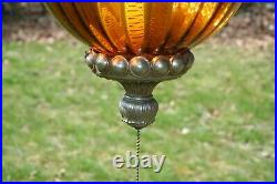 Vtg Hanging Ribbed Ball Lamp Mid Century Modern Amber Glass 19 Tall