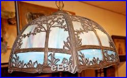 Vtg Hanging Slag Glass 3 Light Chandelier Metal Frame with Tree & Grasses Design