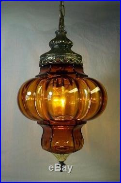 Vtg Hanging Swag Lamp Amber Glass Globe Retro Light Rewired